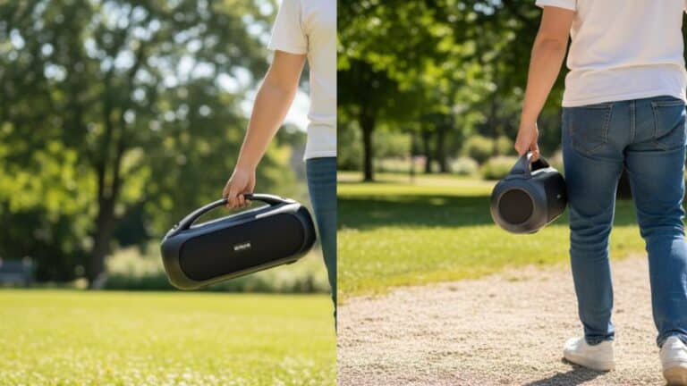 Pessoa carregando a boombox AIWA AWS-BBS-02 em área externa arborizada, usada como imagem destacada do artigo