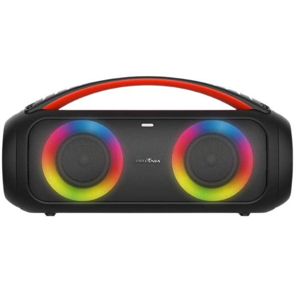 Imagem da caixa de som Bluetooth Britânia BBS200BT no formato quadrado com foco nos detalhes visuais