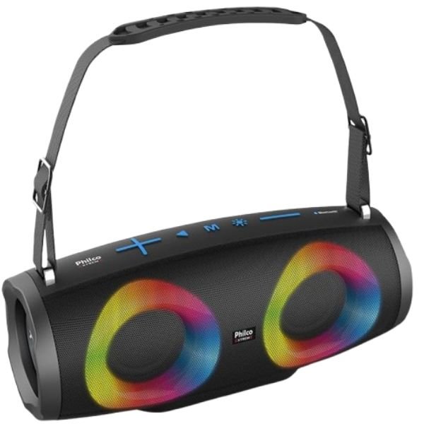 Imagem da caixa de som Bluetooth Philco PBS45BT Extreme no formato quadrado com foco nos detalhes visuais