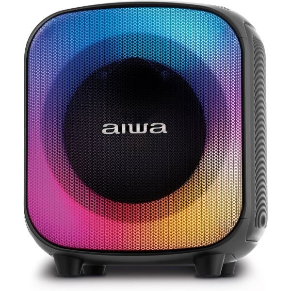 Imagem da caixa de som Bluetooth AIWA Party Box AWS-PB-07 no formato quadrado com foco nos detalhes visuais