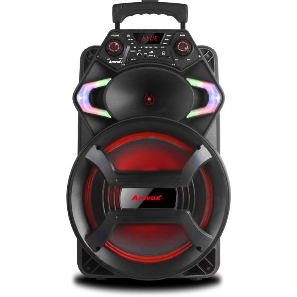 Imagem da caixa de som Bluetooth Amvox ACA 550 Strondo II no formato quadrado com foco nos detalhes visuais